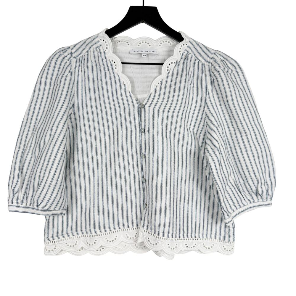 Melissa Nepton Nala Striped Blouse Button Up Scallop Trim Blue White - M